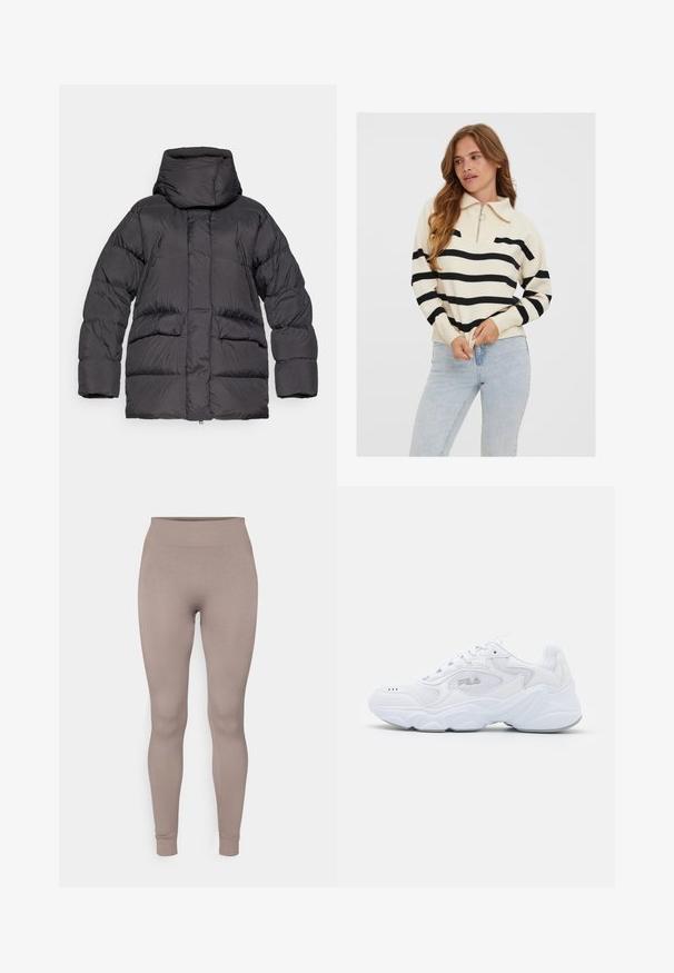 Černá bomber bunda s vysokým límcem, zipovými kapsami a volnějším střihem. Vyrobena z hladkého, lehkého materiálu s lesklým povrchem.; Krémový svetr s černými vodorovnými pruhy, půlzip límec a žebrované manžety, kombinovaný se světle modrými džíny.; Hladké legíny v jemné taupe barvě, s vysokým pasem, úzkým střihem a zúženými kotníky. Vyrobeno z texturované, pružné látky.; Bílé sportovní boty s texturovaným síťovaným svrškem, polstrovaným límcem a robustní podrážkou. Zahrnují logo na boku a šněrování.