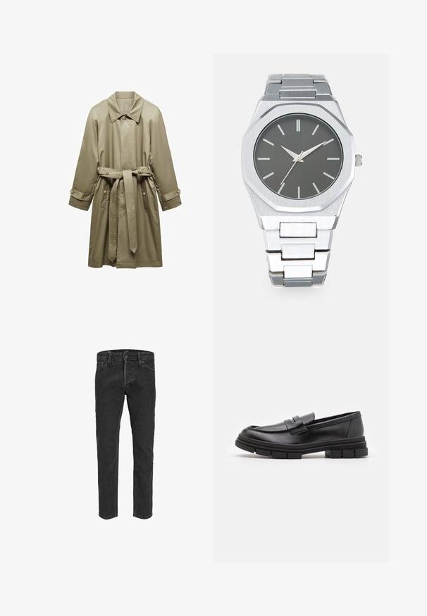 Mango DORIAN - Kišni ogrtač - khaki; Redefined Rebel TETON REGULAR FIT - Vesta - black grey; Crne traperice s ravnim krojem, pet džepova i petljicama za remen, s lagano izblijedjelom teksturom i kontrastnim šavovima.; Crni kožni loafers s glatkom završnom obradom, s detaljem prednjeg remena i debelim gumenim potplatom s urezanim akcentima.; Srebrni analogni sat s osmostranim kućištem, sivoj brojčanici, srebrnim markerima za sate i narukvicom od nehrđajućeg čelika. Minimalistički dizajn s glatkom teksturom.