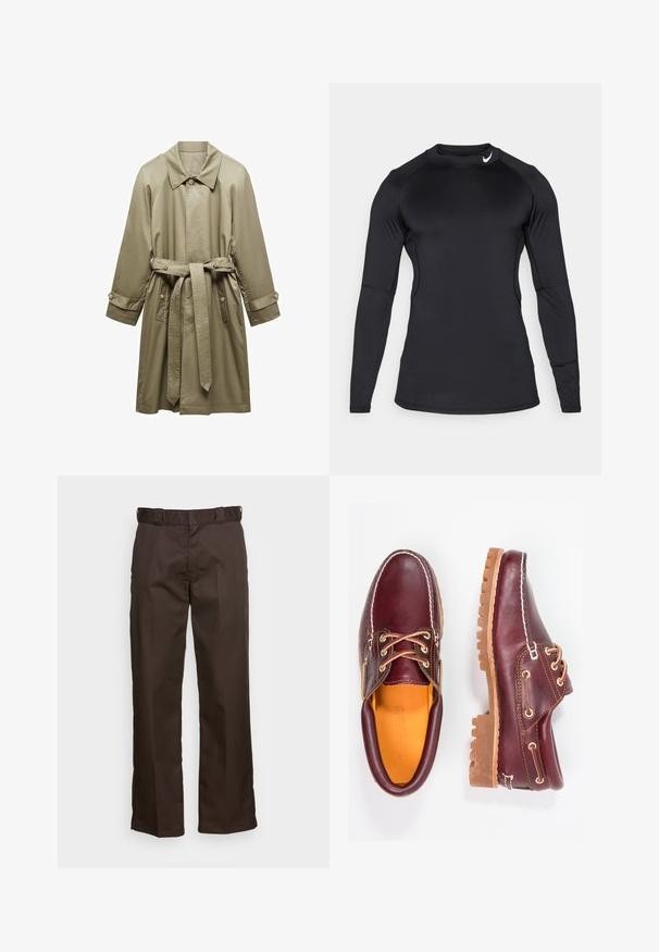 Mango DORIAN - Trenssi - khaki; Musta pitkähihainen urheilu paita, joka on valmistettu sileästä, joustavasta kankaasta. Paidan kaula-aukko on pyöreä, ja siinä on huomaamaton logo vasemmassa yläkulmassa.; Ruskeat housut suoran lahjemuotoilun kanssa, jossa on tasainen etuosa, vyölenkit ja sileä pinta. Yksinkertainen muotoilu ilman kuvioita tai yksityiskohtia.; Burgundin nahkakengät ruskeilla kumipohjilla, pyöreällä kärjellä, valkoisella ompelulla ja kultaisilla nauha-aukkoilla. Sisäpuolella on keltainen vuori.