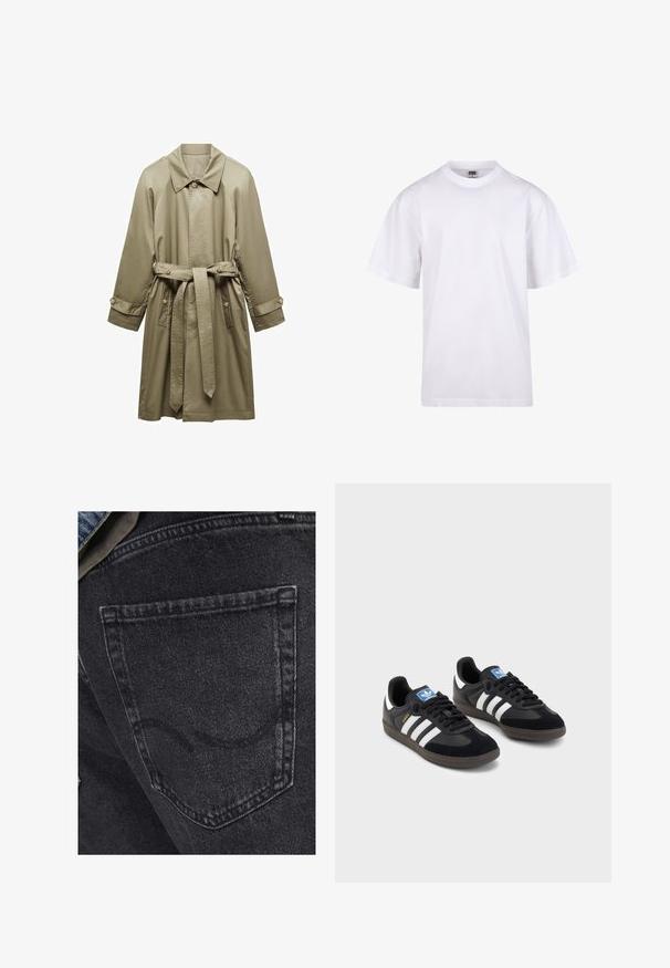 Mango DORIAN khaki; Biała bawełniana koszulka z okrągłym dekoltem, krótkimi rękawami i luźnym krojem. Posiada prosty design bez wzorów czy akcentów.; Czarne dżinsy denimowe z tylną kieszenią z subtelnymi detalami szycia. Tekstura jest lekko zużyta z miękkim, wyblakłym wykończeniem.; Czarne sneakersy z zamszową i syntetyczną cholewką, wyposażone w trzy białe paski, teksturowaną gumową podeszwę oraz niebieską metkę z logo na języku.