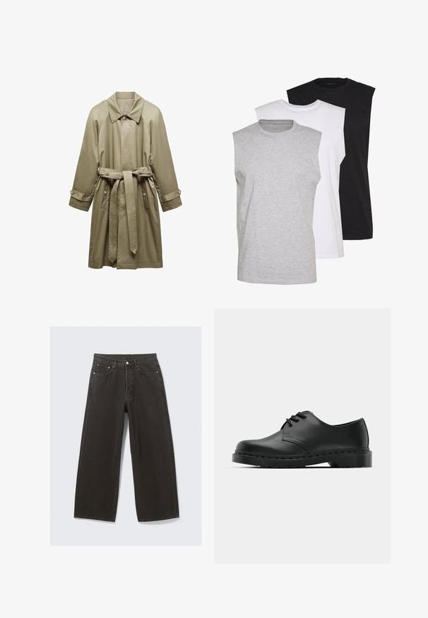 Mango DORIAN - Trenci - khaki; Trei tricouri fără mâneci, în culorile gri, alb și negru. Material moale din bumbac, cu guler rotund și croi lejer. Design simplu, fără modele.; Jeans din denim negri cu picioare largi au o talie înaltă, un design cu cinci buzunare și închidere cu nasture. Materialul are o finisare moale și texturată.; Shoe oxford din piele neagră, cu sistem de închidere cu șireturi, vârf rotunjit, talpă plată din cauciuc și detalii de cusătură subtile pe partea superioară.