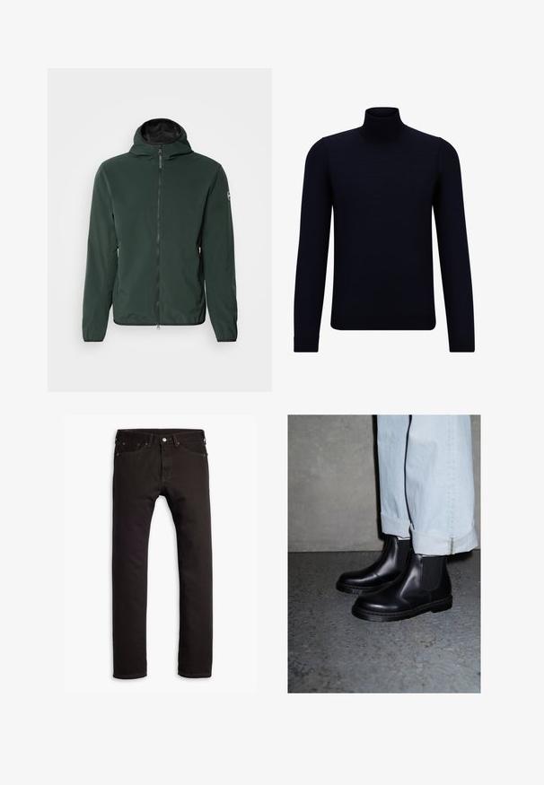 Casaco leve verde com fecho frontal, capuz e punhos elásticos. Apresenta uma textura suave e um logótipo redondo na manga esquerda.; Pullover de gola alta em azul-marinho escuro, feito de um tecido de malha fina, com mangas longas e um decote alto justo. Sem padrões ou detalhes visíveis.; Jean slim preto com cinco bolsos e fecho de botão, exibido de forma plana sobre um fundo branco.; Botas Chelsea pretas de pele com painéis laterais elásticos e sola de borracha texturizada, combinadas com jeans de ganga azul clara com bainha dobrada.