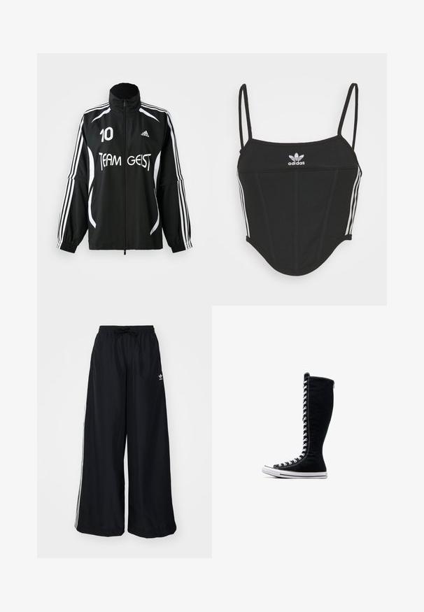 Blazer desportivo preto com riscas brancas, logótipo "TEAM GEIST" e número 10. Apresenta um colarinho alto e punhos elásticos. Tecido leve.; Top crop preto canelado com alças finas ajustáveis, apresentando três riscas brancas nas laterais e um pequeno logótipo branco da Adidas ao centro.; Calças largas pretas feitas de um tecido leve. Apresenta uma cintura elástica com cordão e riscas brancas laterais. Logótipo da marca na anca.; Tênis de cano alto pretos com um design alto, feitos de lona. Apresentam atacadores brancos, costura e uma sola de borracha com biqueira.