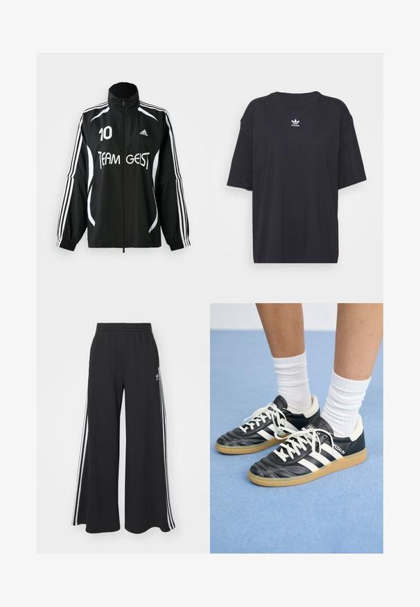 Črna športna jakna z belimi črtami, logotip "TEAM GEIST" in številka 10. Ima visok ovratnik in elastične manšete. Lahka tkanina.; Črna bombažna majica s kratkimi rokavi in okroglo ovratnikom, ki na prsih prikazuje bele Adidasove logotip. Enostaven dizajn, sproščen kroj.; Črne široke trenirke z elastičnim pasom, ki imajo bele stranske proge in vezeno logo na levi stegna.; Črne usnjene superge z belimi črtami, okroglo konico, belimi vezalkami in gumijastim podplatom. Poudarjene z oblazinjenim ovratnikom in detajli blagovne znamke.
