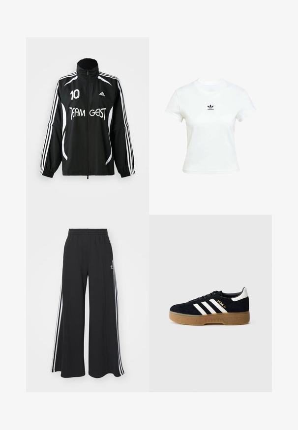 Černé sportovní sako s bílými pruhy, logo "TEAM GEIST" a číslo 10. Obsahuje vysoký límec a elastické manžety. Lehká tkanina.; Bílá bavlněná tričko s krátkými rukávy a kulatým výstřihem. Na hrudi se nachází černé logo Adidas. Jednoduchý, minimalistický design.; Černé pohodlné tepláky širokého střihu s elastickým pasem, na boční straně s bílými pruhy a vyšitým logem na levé stehně.; Černá semišová teniska s bílými třemi pruhy a zlatým logem. Přírodní gumová podešev s texturovaným vzorkem. Klasický nízký střih, zaoblená špička.