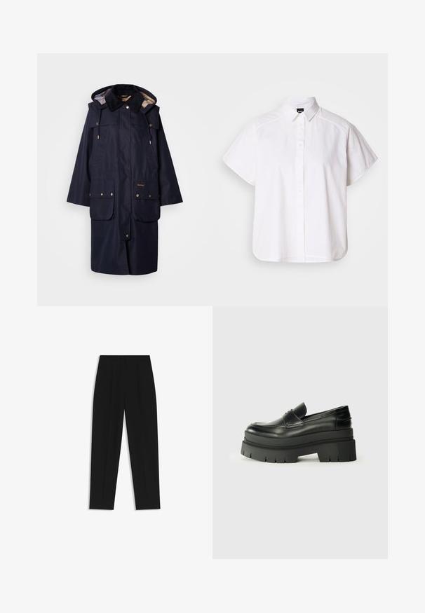 Navy waterproof parka with hood, featuring gold hardware, two front pockets, and a plaid lining. Includes a cord adjustable neckline.; White short-sleeve button-up shirt with a pointed collar and curved hem. Made from cotton with a smooth texture and no visible patterns.; Black trousers with a straight fit, featuring double pleats, a smooth texture, and a classic waistband design. No visible hardware or accents.; Black leather loafers with a chunky platform sole. Rounded toe, front seam detail, and subtle stitching accents. Flat, textured outsole.