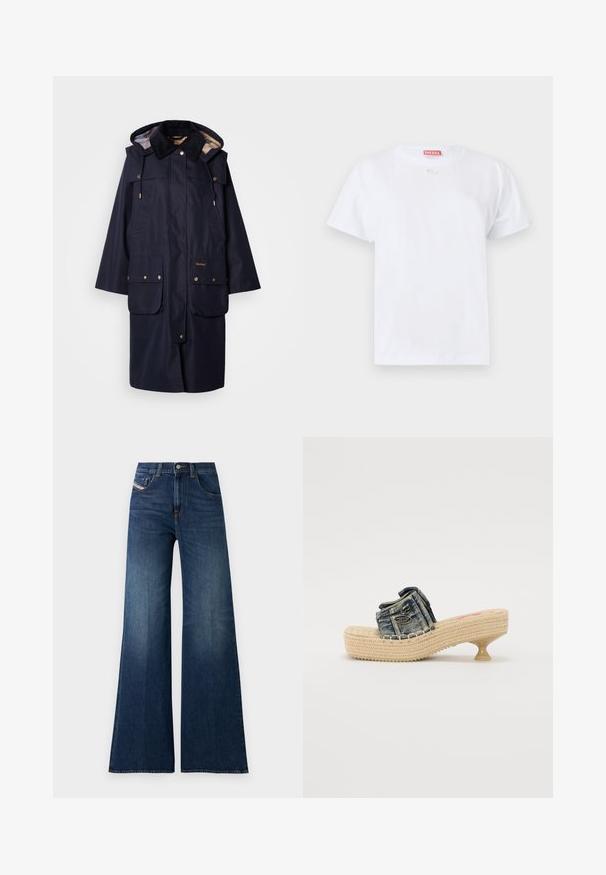 Parka impermeável azul-marinho com capuz, detalhes em dourado, dois bolsos frontais e forro às riscas. Inclui gola ajustável com cordão.; T-shirt branca de algodão com mangas curtas, gola redonda e um pequeno logótipo no peito. Design simples, textura suave e bainha reta.; Jeans de perna larga de cintura alta, de cor azul escura, com bolsos frontais e para moeda, fecho com botão e detalhes sutis de desgaste nas coxas.; Sandal slide em denim com plataforma tecida e pequeno salto. Apresenta costura decorativa e um detalhe metálico na tira superior.