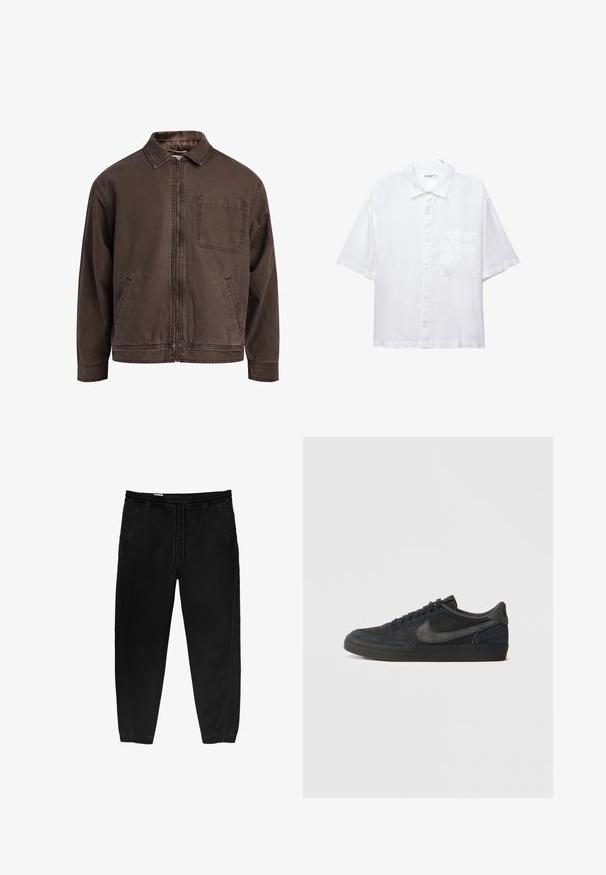 Bruine, ritssluitingjas gemaakt van duurzaam stof; heeft een kraag, lange mouwen, voorzakken en een enkele borstzak.; Witte korte mouwen shirt met een knoopsluiting aan de voorkant, kraag en een enkele borstzak. Gemaakt van lichte stof met een gladde textuur.; Zwarte elastische taillebandbroeken met een trekkoord, taps toelopende benen, zijzakken en subtiele stiksels aan de zijkanten. Zachte katoenachtige stof.; Zwarte suède sneakers met een laag profiel, rubberen buitenzool, getextureerde zijpanelen en tonale Nike swoosh-logo. Vetersluiting aan de voorkant, gevoerde kraag.