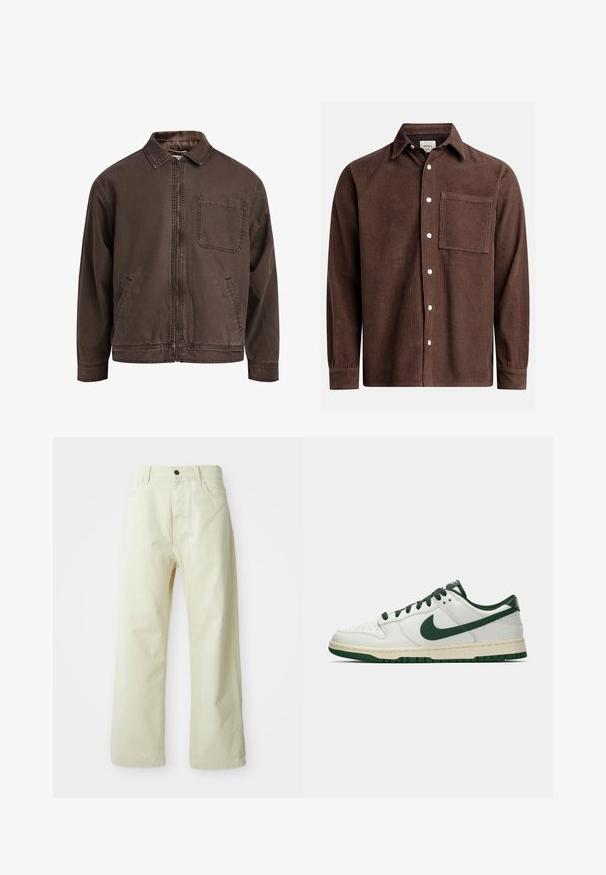Veste brune zippée en tissu durable ; elle est dotée d'un col, de manches longues, de poches avant et d'une poche poitrine.; Chemise en velours côtelé marron avec un col boutonné, poche avant, boutons blancs et manches longues avec des poignets boutonnés. Détail de tissu texturé.; Pantalons larges de couleur jaune clair en denim, dotés d'une fermeture à bouton sur le devant, de cinq poches et d'un design droit sans embellissements.; Baskets basses blanches avec un swoosh Nike vert foncé, des lacets et des accents de semelle, présentées en profil sur un fond blanc uni.
