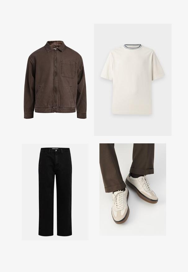 Brown, zip-up jacket made of durable fabric; features a collar, long sleeves, front pockets, and a single chest pocket.; Cream-colored cotton t-shirt with short sleeves, featuring a round neckline accented by navy and white stripes. Smooth texture, relaxed fit.; Black denim pants with a straight-leg cut, classic five-pocket design, and a button closure at the waist. Smooth texture and durable fabric.; Beige sneakers with a textured suede front, smooth leather sides, and a brown rubber sole. Laces and light stitching detail included.