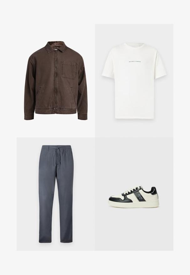 Pruun, lukuga jakk, mis on valmistatud vastupidavast kangast; sisaldab kraed, pikki varrukaid, eespool taskuid ja ühte rinna taskut.; Valge puuvillane T-särk lühikeste varrukatega ja ümar kaelus. Keskel on tekst "TERE TULEMA PARADISSE" kaardus rohelises fondis.; Hallid püksid, mis on valmistatud siledast kangast, tõmbluku ja külgtaskutega. Sirge jalgade disain puhta viimistlusega.; Nahatud nahkkingad musta ja kreemi värviskeemiga, millel on perforeeritud aktsendid, pehme krae ja tekstureeritud tallad.