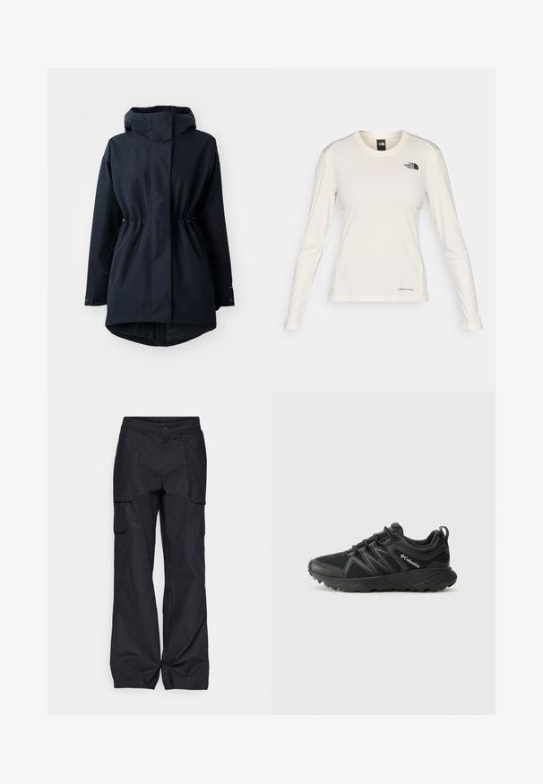 Navy blue hooded parka jacket with adjustable waist drawstrings and buttoned cuffs, designed for cold weather.; The North Face SHADOW LONG SLEEVE - Long sleeved top - white dune; Columbia BREA FALLS™ COTTON RIPSTOP PANT - Outdoor trousers - black; Columbia PEAKFREAK - Hiking shoes - black