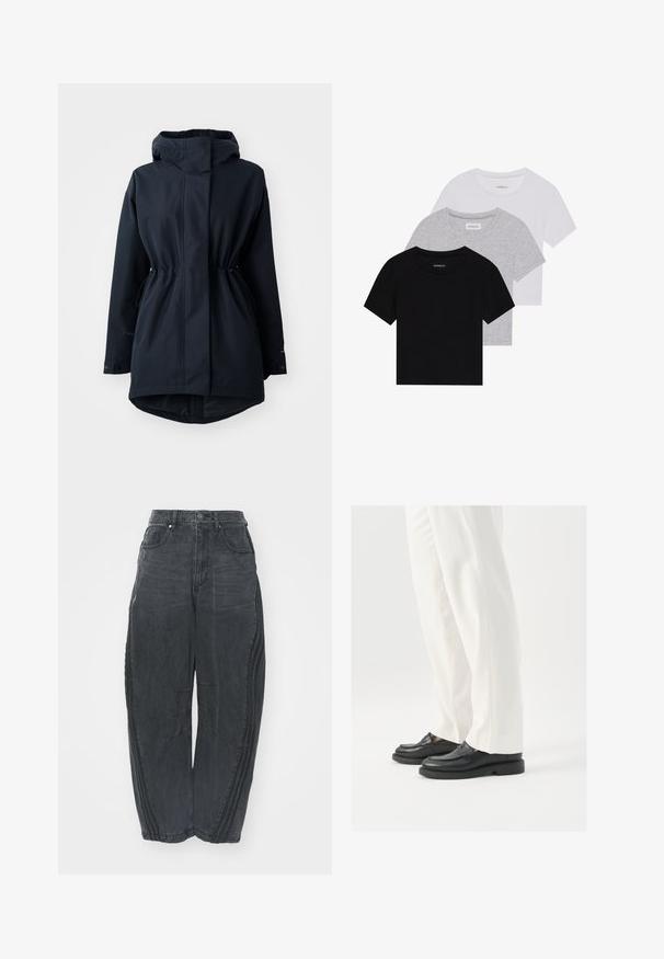 Tumed sinine kapuutsiga parka jakk, millel on reguleeritavad vööpaelad ja nööbid varrukatel, mõeldud külma ilma jaoks.; Kollektsioon kolm lühikese varrukaga T-särki mustas, hallis ja valges värvitoonis. Valmistatud puuvillast, ümmarguse kaelusega ja lihtsa, ühevärvilise disainiga.; Kottide mustad teksad, millel on kulutatud viimistlus, viis taskut, vöökoht nööbiga kinnitamine ja õmmeldud detailid ees ja külgedel.; Mustad musta nahast loafers, millel on sile tekstuur, õmblustäiendused ja ümar nina, koos valgete kohandatud pükstega.
