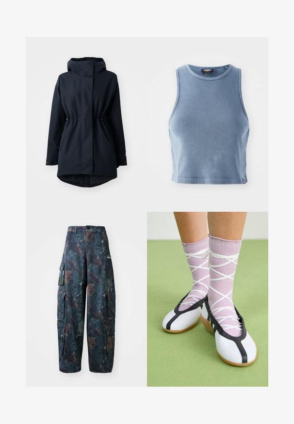 Parka con capucha de color azul marino, con cordones ajustables en la cintura y puños abotonados, diseñada para el clima frío.; Top corto acanalado de color azul claro con un escote redondo y diseño sin mangas. Textura suave y un pequeño detalle de logo en el dobladillo.; Pantalones cargo de camuflaje en verde oscuro y marrón, con múltiples bolsillos y un ajuste holgado, hechos de una tela ligera y resistente.; Zapatos planos blancos con ribetes y suela negra, combinados con calcetines acanalados de color púrpura claro que presentan tiras blancas entrelazadas. Ambientado sobre un fondo verde.
