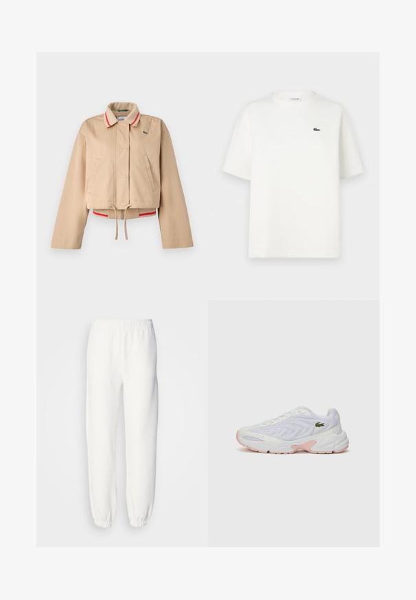Lacoste Chaquetas bomber - viennese; Camiseta blanca de algodón con mangas cortas, cuello redondo y un pequeño logo verde de Lacoste en el lado izquierdo del pecho. Presenta un corte relajado y una textura suave.; Pantalones de chándal blancos hechos de un suave tejido de punto. La cintura y los puños elásticos ofrecen un ajuste relajado. Diseño minimalista, sin patrones o acentos visibles.; Zapatillas deportivas blancas con parte superior de malla texturizada, sutiles acentos rosas en la suela y un logo de cocodrilo verde en el costado.
