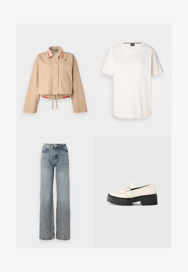 Lacoste Bomberjacka - viennese; Vit bomullströja med korta ärmar, rund halsringning och en liten logotyp på bröstet. Slät textur och rak fåll.; Ljusblå denimjeans med hög midja, vid byxdessign, urtvättad finish och subtil slitdetaljering. Klassisk femficksstil.; Vit läder loafför med en kraftig svart platåsoffa, som har ett rektangulärt silverspänne och synlig sömdekoration på ovansidan.