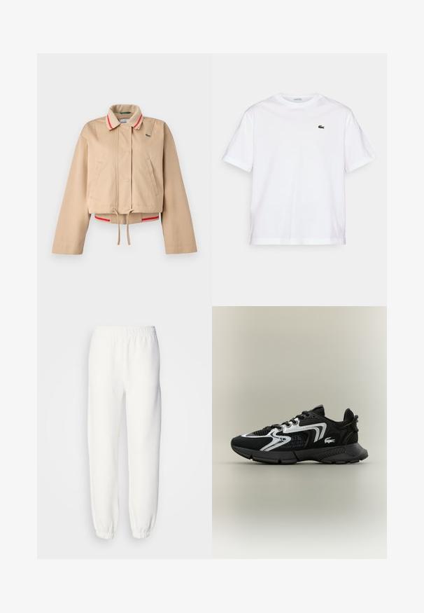 Lacoste Bombera - viennese; Biela bavlnená tričko s okrúhlym výstrihom a krátkymi rukávmi. Obsahuje zelené vyšívané logo na hrudi. Mäkka textúra, voľný strih.; Biele tepláky vyrobené z mäkkej pletenej tkaniny. Elastický pás a manžety zabezpečujú uvoľnené nosenie. Minimalistický dizajn, bez viditeľných vzorov alebo akcentov.; Čierne športové topánky s sieťovanými panelmi, striebornými akcentmi a textúrovanými čiernymi prekrytiami. Obsahujú šnúrky a zakrivenú, pevnú podrážku.
