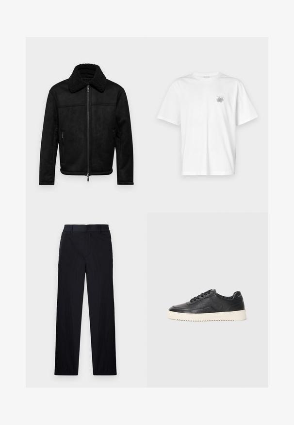 Armani Exchange BLOUSON - Casaco de pele sintética - black; Camisa branca de algodão com mangas curtas, gola redonda e um pequeno logótipo cinza na área do peito esquerdo. Textura suave.; Calças pretas com um tecido leve e texturizado, design de pernas retas, cintura elástica e bolsos laterais com fecho.; Sapatilha em couro preto com acabamento texturizado, biqueira redonda e sola plana de borracha branca. Apresenta atacadores pretos e uma marca na parte de trás.