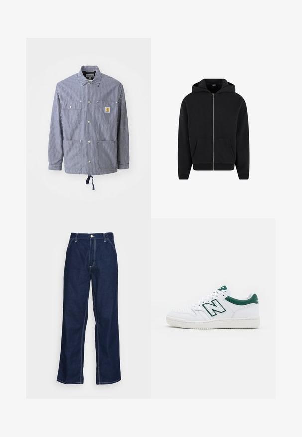 Tummansininen ja valkoinen raidoitettu takki, jossa on kaulus, napsautusnappit, kaksi rintaosastoa, säädettävä helma ja logo-patch vasemmassa taskussa.; Musta vetoketjuhuppari, joka on valmistettu pehmeästä kankaasta. Siinä on huppu, etutaskut ja ribatut hihansuut sekä helma. Yksinkertainen muotoilu ilman kuvioita.; Vaaleansininen raidallinen pitkähihaisten nappikauluspaita. Ominaisuuksiin kuuluu perinteinen kaulus, valkoiset napit ja sileä puuvillasekoitekangas.; Tummansiniset farkut, joissa on leveät lahkeet, korkea vyötärö, etutaskut ja kontrastivalkoinen ommel saumoissa.; Valkoiset tennarit vihreillä yksityiskohdilla, nahkainen päällinen, rei'itetty varvasosa, nauhakiinnitys ja rakenteellinen kumipohja. Varustettu näkyvällä "N"-logolla.