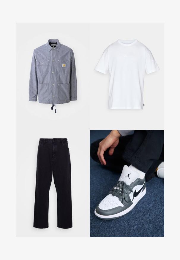 Marineblauwe en witte gestreepte shirtjacket, met een kraag, drukknoopjes, twee borstzakken, een verstelbare onderkant en een logo-patch op de linkerzak.; Witte katoenen t-shirt met korte mouwen en een ronde hals. Heeft een klein, subtiel Nike-logo op de borst en een zijlabel.; Zwarte denim broek met een rechte pijpdesign, voorzien van een knoop- en ritssluiting, riemlussen en minimale stikdetails.; Nike Air Jordan 1 sneakers in wit en grijs leer, met een zwart logo, geperforeerde neus en platte grijze veters.