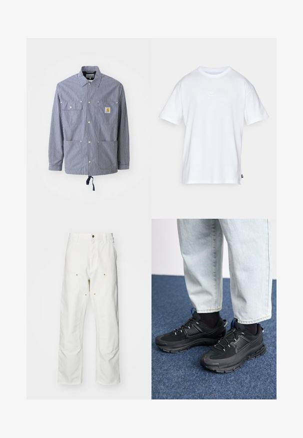 Jachetă în dungi albastre și albe, cu guler, nasturi tip snap, două buzunare pe piept, hem ajustabil și o etichetă cu logo pe buzunarul din stânga.; Tricou alb din bumbac, cu mâneci scurte și guler rotund. Prezintă un mic logo Nike, discret, pe piept și o eticheta pe lateral.; Pantaloni cargo din bumbac alb, cu o croială lejeră. Caracteristicile includ buzunare frontale, accesorii din metal aurit și secțiuni întărite la genunchi.; Pantofi sport negri, cu țesătură texturată și tălpi din cauciuc, având șireturi elastice și un accent albastru pe toc. Purtați cu pantaloni din denim deschis.