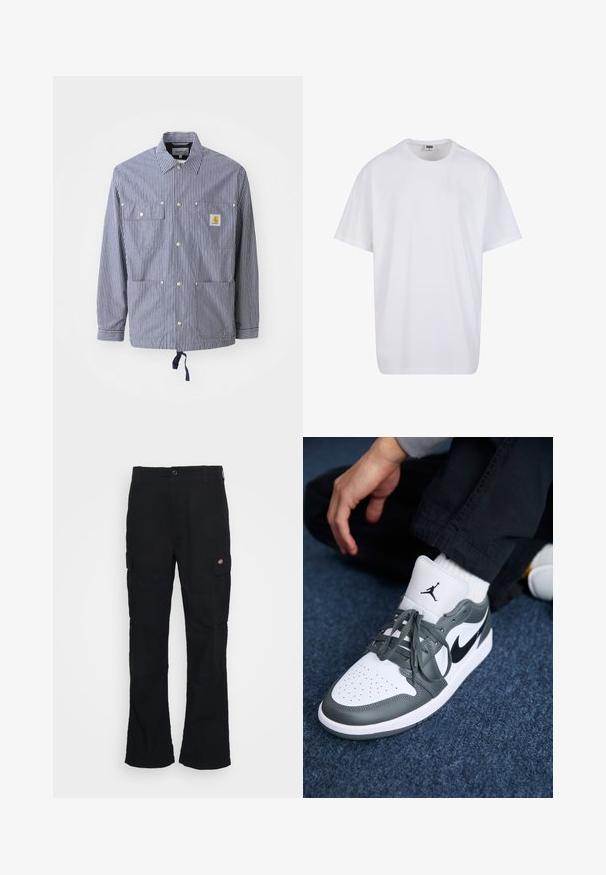 Majica-jakna s črtami v mornarsko modri in beli barvi, ki se ponaša s ovratnikom, zgibnimi gumbi, dvema žepoma na prsih, prilagodljivim robom in oznako na levem žepu.; Bela bombažna majica s kratkimi rokavi, okroglim izrezom, sproščenim krojem in brez vidnih logotipov ali vzorcev. Gladka tekstura in minimalen dizajn.; Črne cargo hlače s ravnim krojem, izdelane iz trpežnega materiala, z stranskimi žepi in našitim logotipom na levi strani.; Tenis Nike Air Jordan 1 v usnjeni kombinaciji bele in sive, z značko v črni barvi, perforiranim prstom in ravnimi sivimi vezalkami.