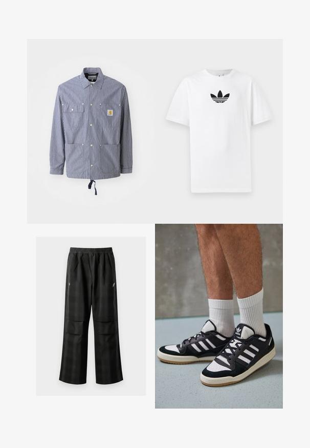 Marineblå og hvit stripete skjortjakke med krage, trykknapper, to brystlommer, justerbar hem og et logo-patch på venstre lomme.; Hvit bomulls T-skjorte med en svart Adidas-logo i midten. Korte ermer og design med rund hals. Glatt tekstur.; Svarte rutete bukser med elastisk midje, to frontlommer og løs passform med rett ben-design. Laget av lett materiale.; Sorte og hvite sneakers med overdel i semsket skinn og lær, med tre hvite striper, perforert tå og en såle av gummi.