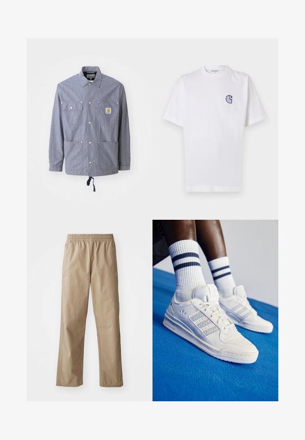 Tummansininen ja valkoinen raidoitettu takki, jossa on kaulus, napsautusnappit, kaksi rintaosastoa, säädettävä helma ja logo-patch vasemmassa taskussa.; Valkoinen puuvillainen lyhythihainen T-paita, jossa pyöreä kaula-aukko ja vasemmassa rinnassa pieni, kirjailtu sininen "C"-logo.; Beiget, kevyet housut, joissa on joustava vyötärönauha, suorat lahkeet ja sivutaskut. Sileä pinta, jossa on hienovaraiset ompeludetaljit.; Valkoiset nahkasneakerit, joissa on rei'itetyt korostukset, kolme metallista raitaa ja teksturoitu sivupaneeli. Yhdistetty valkoisiin sukkiin, joissa on sinisiä raitoja.