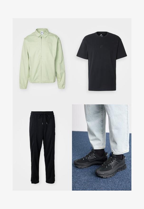 Casaquinho verde claro feito de tecido suave, com gola, fecho éclair frontal, punhos elásticos e um logótipo discreto no peito.; T-shirt de algodão preto da Nike com um clássico decote redondo, mangas curtas e um logótipo em relevo discreto no peito. Textura suave.; Calças casuais pretas com cordão na cintura, com bolsos laterais e corte reto, sobre um fundo simples.; Sapatilhas desportivas pretas com tecido texturizado e solas em borracha, apresentando atacadores elásticos e um detalhe azul no calcanhar. Usadas com calças de ganga claras.