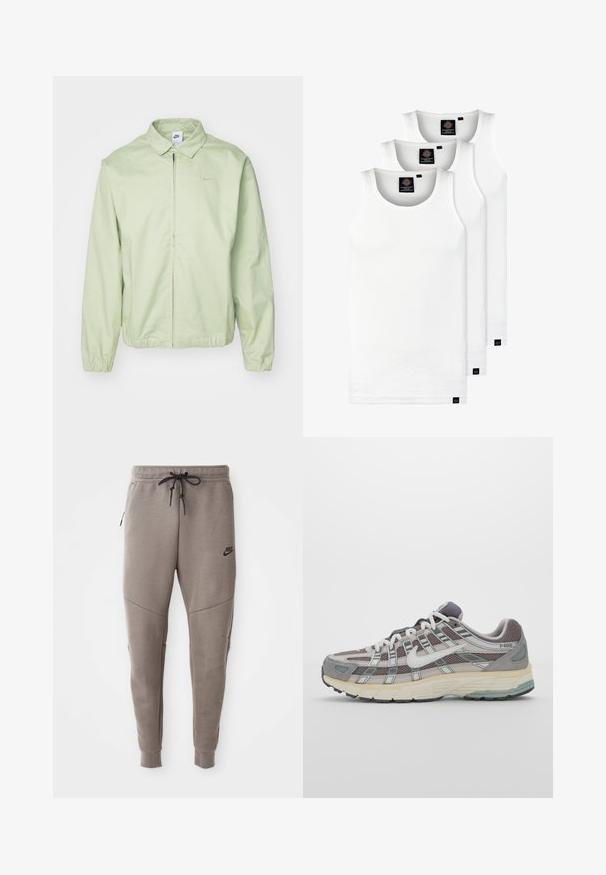 Gaiši zaļa jakas izgatavota no gludas auduma, ar apkakles apkakli, priekšējo rāvējslēdzēju, elastīgām piedurknēm un diskrētu logo uz krūtīm.; Trīs baltas ribotas krūšturi, kas izgatavoti no kokvilnas. Iezīmēti ar apaļu kakla izgriezumu un maziem melniem etiķetēm tuvu apakšmalai. Pieejami vairākos izmēros.; Pelēki Nike sporta bikses ar aukliņu viduklī, sašaurinātiem galiem, sānu kabatām un izteiktām šuvēm. Mīksta, teksturēta auduma.; Pelēkie sporta apavi ar tīkla un zamša augšdaļu, baltiem akcentiem, mīkstinātu zoli un izcilu dizainu ar atstarotājiem.