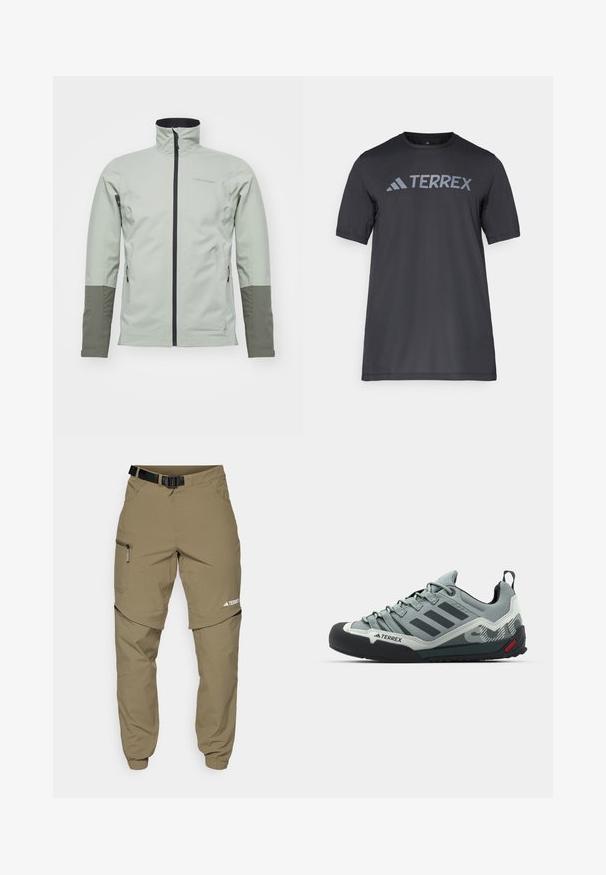 Peak Performance JACKET - Mīksta auduma jaka - limit green/pine needle/; Melna īsām piedurknēm T-kreklu, kas izgatavots no viegla auduma, ar gaismu pelēku "TERREX" logo krūšu daļā un apaļu kakla izgriezumu.; Kaki āra bikses ar regulējamu melnu jostu, ar rāvējslēdzējiem kabatām, sašaurinātiem piedurknēm un noņemamām apakšējām kājām, nodrošinot daudzveidīgu stilu.; Pelēki kāpšanas apavi ar teksturētu augšdaļu, melnu gumijas purngalu, trim tumšām svītrām un nelielu sarkanu akcentu uz zoles.