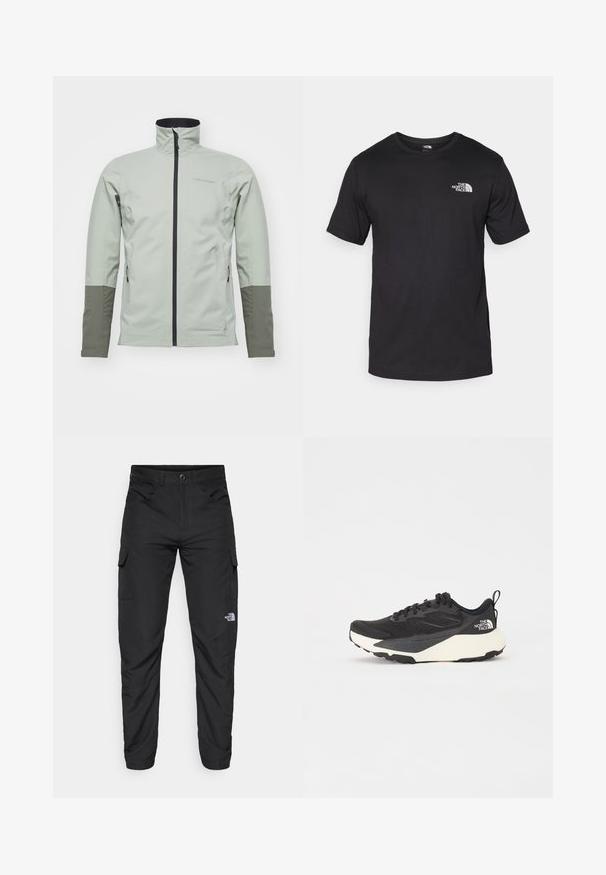 Peak Performance JACKET - Giacca softshell - limit green/pine needle/; T-shirt nera a maniche corte in cotone, con scollatura rotonda e un piccolo logo bianco nell'area superiore sinistra del petto.; The North Face HORIZON PANT - Pantaloni outdoor - black; Scarpa da allenamento nera con tomaia in mesh testurizzato, dettagli neri solidi e suola leggera bianca. Presenta chiusura con lacci e un tab di pull.