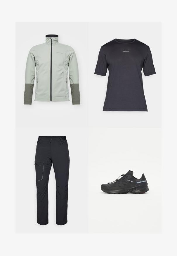 Peak Performance JACKET - Softshelljacke - limit green/pine needle/; Schwarzes Kurzarm-Performance-T-Shirt aus atmungsaktivem Material, mit einem runden Halsausschnitt und kleinem weißen "SALOMON"-Logo auf der Brust.; Schwarze Outdoor-Hosen mit einem Reißverschlusstaschen an den Oberschenkeln, elastischem Bund und glattem, wasserabweisendem Stoff. Sauberes Design ohne sichtbare Logos.; Schwarzer Trailschuh zum Laufen mit einer strukturierten Oberseite, elastischen Schnürsenkeln und Contagrip-Außensohle. Bietet eine eng anliegende Passform und eine schützende Zehenkappe.
