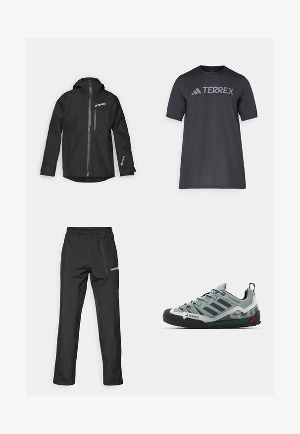 Veste noire imperméable en Gore-Tex avec capuche, fermeture éclair avant et deux poches latérales. Présente un logo TERREX sur la poitrine.; T-shirt noir à manches courtes en tissu léger, arborant un logo « TERREX » gris clair sur la poitrine et un col rond.; Pantalon de plein air léger noir avec taille élastique, poches zippées et logo imprimé. Texture lisse et coupe droite.; Chaussures d'escalade grises avec un dessus texturé, un capuchon en caoutchouc noir pour les orteils, trois rayures foncées et une petite touche rouge sur la semelle.