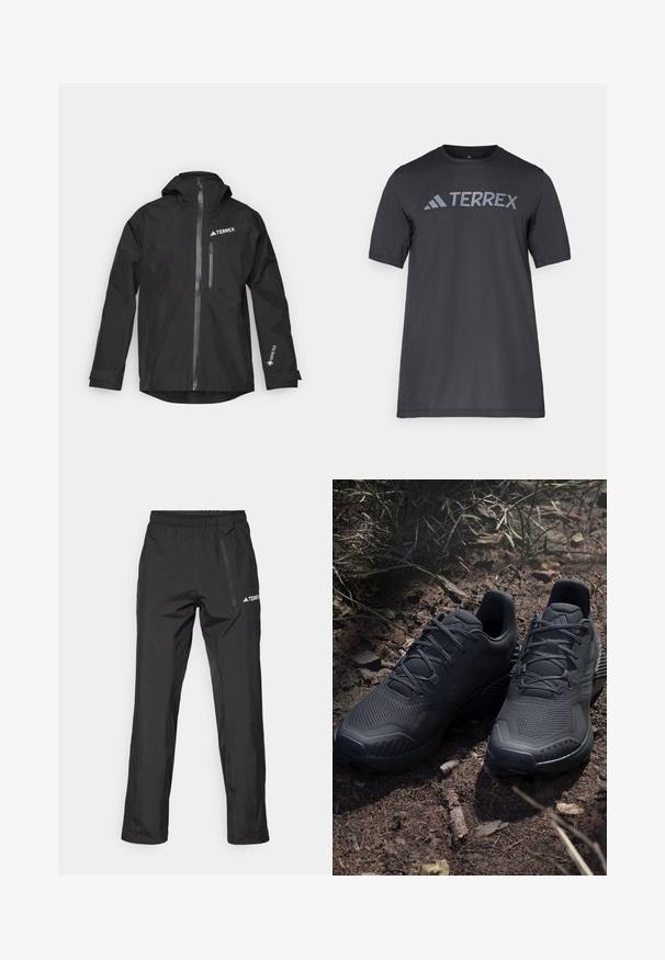 Zwarte waterdichte jas gemaakt van Gore-Tex, met een capuchon, vooraan een rits en twee zijzakken. Bevat een TERREX-logo op de borst.; Zwarte korte mouwen t-shirt van lichtgewicht stof, met een lichtgrijze "TERREX" logo over de borst en een ronde hals.; Zwarte waterdichte broek gemaakt van lichtgewicht stof, met een elastische tailleband en zijzak met rits. Eenvoudig, gekleed ontwerp.; Zwarte sportieve schoenen met een gestructureerde gebreide bovenkant, verstevigde neus en een gevoerde zool, tentoongesteld op aardse grond met verspreide takjes.