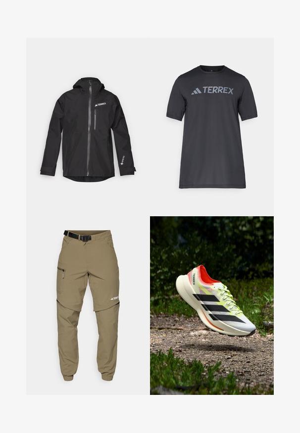 Crna vodootporna jakna napravljena od Gore-Texa, s kapuljačom, prednjim zatvaračem i dva bočna džepa. Ima TERREX logo na grudima.; Crna majica kratkih rukava od lagane tkanine, koja ima svijetlosivu oznaku "TERREX" preko prsa i okrugli izrez.; Bež vanjske hlače s remenom, bočnim džepovima na patentni zatvarač i elastičnim rubovima. Imaju dizajn s patentnim zatvaračem za uklanjanje dijelova radi svestranosti i glatku teksturu.; Lagana obuća za trčanje u bijeloj boji s crnim prugama, crvenim detaljima i žutim vezicama; ima teksturirani gornji dio i jastučićast potplat.