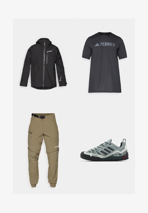 Black waterproof jacket made of Gore-Tex with a hood, front zipper, and two side pockets. Features a TERREX logo on the chest.; Black short-sleeve t-shirt made of lightweight fabric, featuring a light gray “TERREX” logo across the chest and a crew neckline.; Khaki outdoor pants with a adjustable black belt, zippered pockets, tapered cuffs, and detachable lower legs for versatile styling.; Gray climbing shoes featuring a textured upper, black rubber toe cap, three dark stripes, and a small red accent on the sole.