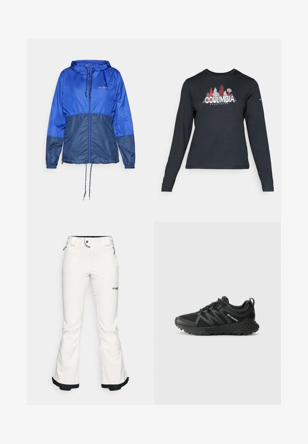 Blå hettejakke med vindbeskyttelse, glidelås foran, snøring i midjen, lange ermer og mørkere blå kontrastpaneler nederst. Lett stoff.; Langermet mørkegrå skjorte med grafikk av røde trær og fjell; "COLUMBIA" logo i fet hvit tekst. Mykt stoff, standard rund hals.; Hvite skibukser laget av mykt, fleksibelt materiale. Har en tettsittende midje, vide, utvidede ben og svart kanting ved ermene. Merkevarelogo synlig.; Columbia PEAKFREAK - Fjellsko - black