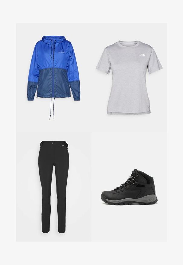 Blue hooded windbreaker jacket with a zip front, drawstring waist, long sleeves, and contrasting darker blue lower panels. Lightweight fabric.; Grey short-sleeve t-shirt made of soft, moisture-wicking fabric. Features a crew neck and a small white logo on the upper left.; Black, fitted pants made from a flexible material. Features include a zippered side pocket, articulated knees, and a smooth texture.; Black hiking boot with a mid-top design, featuring a textured upper, gray accents, and durable rubber sole with traction lugs.