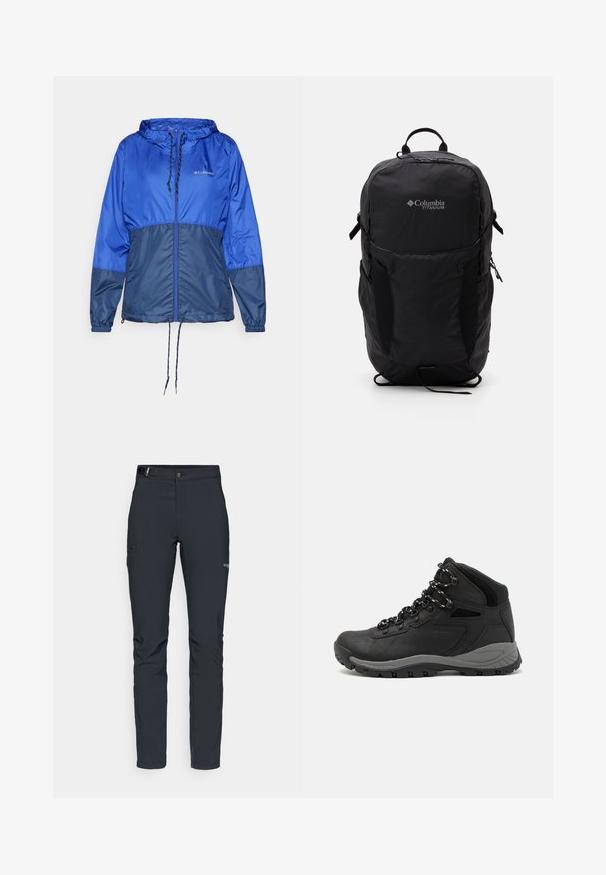 Blauwe windjack met kap, voorzien van een rits aan de voorkant, trekkoord in de taille, lange mouwen en contrasterende donkerblauwe lagere panelen. Lichtgewicht stof.; Zwarte Columbia t-shirt met witte cirkelvormige lijntekening van bergen en een rivier en de tekst "Columbia Sportswear Company Outside Since 1938."; Heren buitenbroeken, donkergrijs, gemaakt van flexibel materiaal, met een riem, ritszakken en verstevigde stiksels.; Zwarte wandelschoen met een mid-top ontwerp, voorzien van een gestructureerde bovenkant, grijze accenten en een duurzame rubberen zool met gripnoppen.; Zwarte Columbia Titanium rugzak met een gladde stoftextuur, zijvakken, handvat aan de bovenkant en verstelbare banden. Minimalistisch ontwerp met subtiele branding.