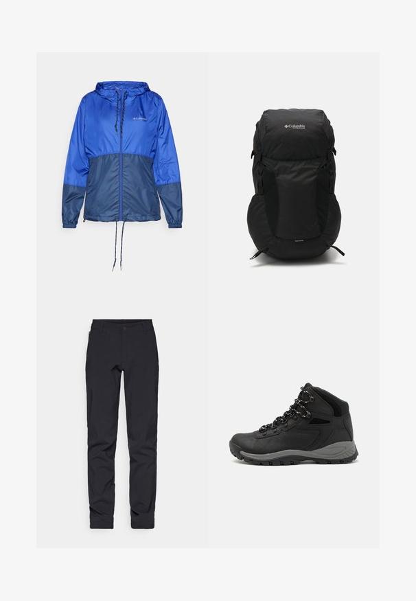 Blå hættejakke i vindstopper materiale med lynlås foran, snøre i taljen, lange ærmer og kontrasterende mørkere blå underpaneler. Letvægtsstof.; Sort langærmet atletisk skjorte lavet af letvægts, åndbart stof. Har en rund halsudskæring og Columbia-logoet på forsiden.; Sort, slim-fit bukser med en glat tekstur, lynlås lomme og en klassisk lukning ved toppen med knap. Velegnet til afslappet eller semi-formelt brug.; Sort vandrestøvle med en mellem-højde design, der har en tekstureret overdel, grå detaljer og en holdbar gummisål med skridsikre klodser.; Sort rygsæk med rund top, lavet af holdbart stof. Har sidelommer i mesh og en regncover-label nederst.