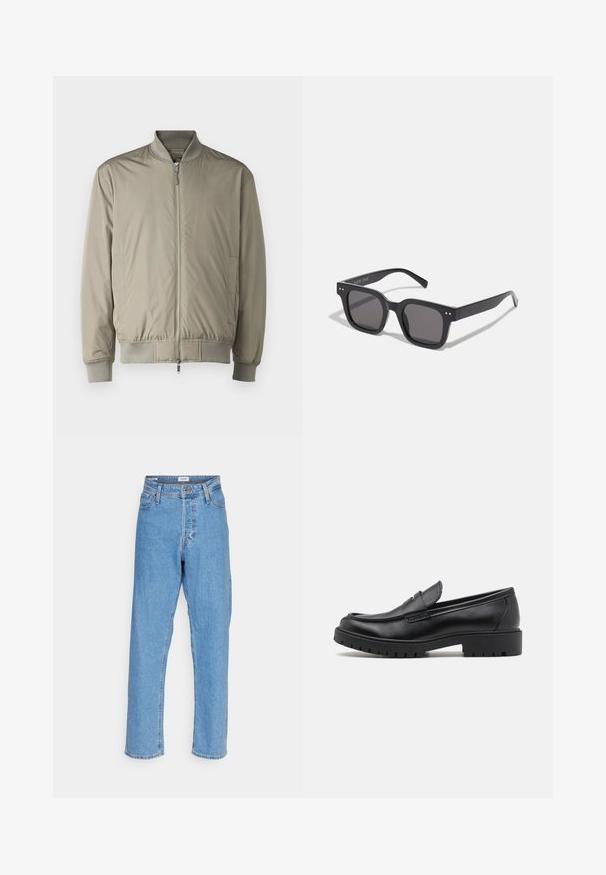 Lightweight bomber jacket in muted olive green. Made from smooth fabric with a zip front, ribbed collar and cuffs, and elasticized hem.; Black turtleneck sweater made of a soft knit material. Features long sleeves, ribbed collar, and hem. Simple, sleek design without patterns.; Light blue high-waist straight-leg jeans with front button, zipper closure, belt loops, and five-pocket design on white background.; Black leather loafers with a rounded toe, slip-on design, and thick rubber sole featuring a textured grip. Elevated heel and subtle stitching details.; Black rectangular sunglasses with dark lenses, featuring a thick frame, subtle accents on the sides, and no visible logos beyond the brand name.