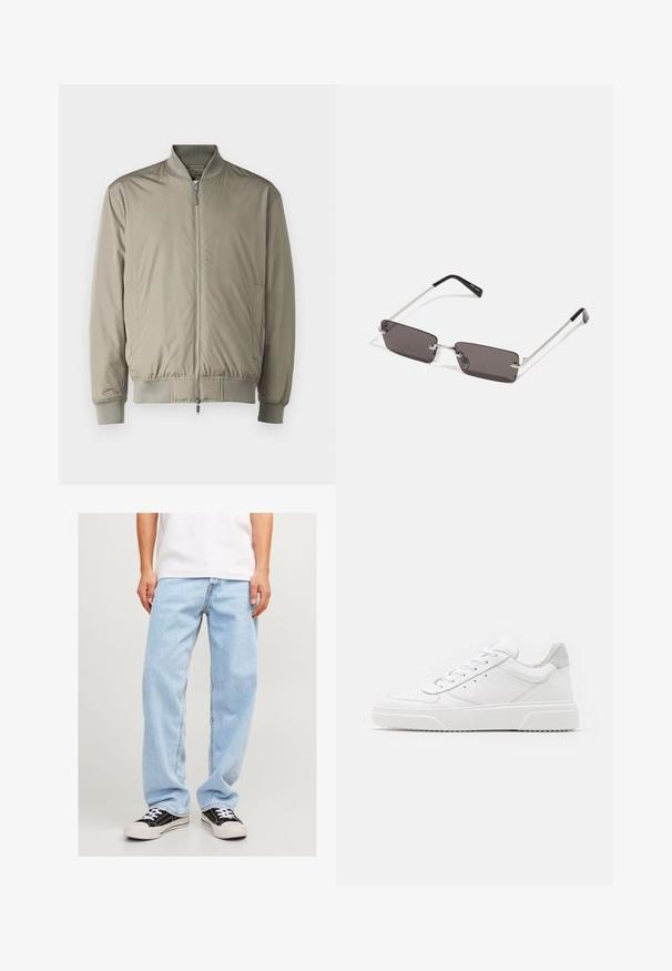 Kevyt pomomittainen takki hillityssä oliivinvihreässä. Valmistettu sileästä kankaasta, jossa on vetoketjulukko, joustava kaulus ja hihansuut, sekä elastinen helma.; Valkoinen puuvillapaita lyhyillä hihoilla, pyöreällä kaula-aukolta ja rentoa istuvuutta. Sujuva pinta ilman näkyviä kuvioita tai korostuksia.; Vaaleansiniset farkut rentoa istuvuutta, suorat lahkeet ja tavallinen ommel, yhdistettynä mustiin lenkkareihin.; Valkoiset nahkakengät, joissa on sileä pinta, pyöreä kärki, litteät nauhat ja teksturoitu pohja. Harmaa mokkanahka korostaa kantapäätä.; Aurinkolasit, joissa on suorakulmaiset, tummanharmaat linssit, hopeiset metallikehykset ja mustat muoviset päät. Kevyt muotoilu nenätyynyillä.