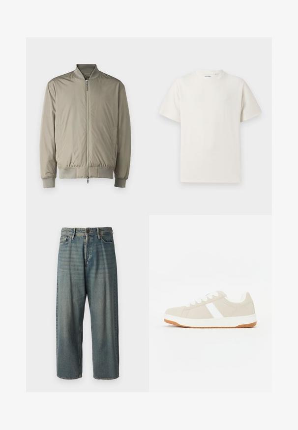 Kerge bomber-jakk tuhmroheline. Valmistatud siledast kangast, millel on lukuga ees, soonikkoes krae ja mansetid ning venitusel hem.; Valge lühikeste varrukatega T-särk ribakudumises. Ümar kaelus, mugav lõige, nähtavad mustrid ega aksessuaarid puuduvad. Lihtne ja mitmekesine disain.; Heledad sinine denim-stiilis teksad, volüümse lõike, keskmise kõrgusega talje ja sirgete säärega. Omab viit taskut, vöökumme ja nööpide sulgemist.; Beežid tossud valgete aktsentidega, sametise tekstuuriga, ümar kuju, nööritav disain ning kontrastse kummist tallaga.