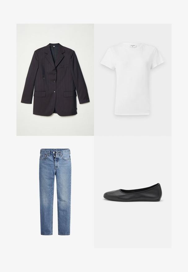 Σκούρο καφέ σακάκι με ρίγες, δύο μπροστινές τσέπες, κλείσιμο με έναν μόνο κουμπί και λάδι που είναι διακριτικές. Περιλαμβάνει υφασμάτινη υφή.; Λευκό βαμβακερό μπλουζάκι με στρογγυλή λαιμόκοψη και κοντά μανίκια, με χαλαρή εφαρμογή και μινιμαλιστικό σχέδιο. Ετικέτα ορατή στον λαιμό.; Ανοιχτό μπλε τζιν παντελόνι με ίσια γραμμή, σχεδίαση πέντε τσεπών και κουμπί στο φερμουάρ. Διαθέτει διακριτική φθορά και πορτοκαλί ραφές.; Μαύρο δερμάτινο μπαλαρίνι με στρογγυλή μύτη, λεία υφή, ελάχιστες λεπτομέρειες ραφής και σχεδίαση ευέλικτης σόλας.