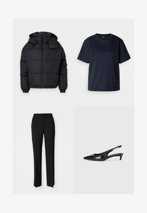 Geacă puffer neagră cu guler înalt și glugă detașabilă, având închidere cu fermoar pe față, manșon elastic și un logo embosat pe umăr.; Tricou de culoare bleumarin cu maneca scurtă, realizat din bumbac moale. Previne o gât rotund și are un logo brodat subtil pe piept.; Pantaloni negri tailor-ed cu un design drept, având o textură fină și cute clare pe față. Fără elemente de prindere vizibile.; Sandale slingback din piele neagră cu vârf ascuțit, având un toc subțire și un accent de culoare aurie pe curea ajustabilă. Textură netedă.