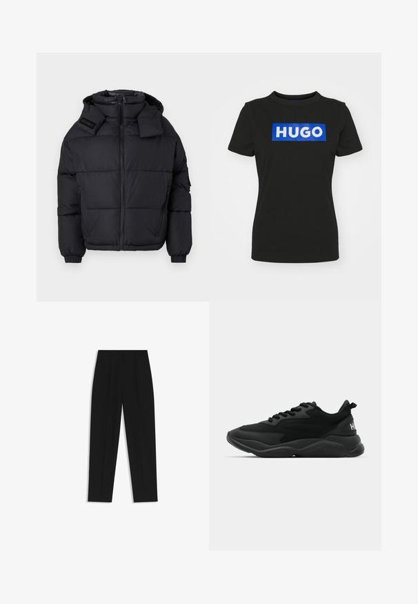 Black puffer jacket with a high collar and detachable hood, featuring a zip front, elasticized cuffs, and an embossed logo on the shoulder.; Black short-sleeve t-shirt made of cotton, featuring a large blue rectangular graphic with the word "HUGO" in white bold letters.; Black trousers with a straight fit, featuring double pleats, a smooth texture, and a classic waistband design. No visible hardware or accents.; Black athletic sneakers featuring a textured upper, lace closure, cushioned sole, and a branded accent on the heel.
