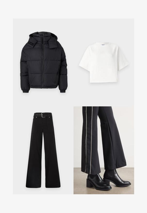 Fekete puffkabát magas gallérral és lecipzározható kapucnival, elöl cipzárral, elasztikus mandzsettákkal, és feltüntetett logóval a vállon.; Fehér, túlméretezett póló, rövid raglánujjakkal, puha anyagból készült. Diszkrét logó található a mellkason és kerek nyakkivágás jellemzi.; Fekete, bő szárú nadrág, pamutból készült, magas derékkal, nagy oldalsó zsebekkel és ezüst színű hardverelemekkel ellátott övvel.; Fekete bőr bokacsizma, tömbsarkúval, oldalán rugalmasszal ellátott panelek találhatók. Fekete nadrággal párosítva, amelynek fehér oldalsávja van.