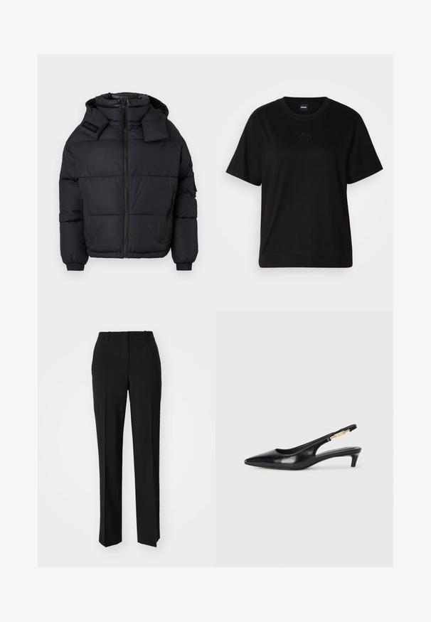Svart puffjacka med hög krage och avtagbar huva, med dragkedja framtill, elastiska manschetter och en präglad logotyp på axeln.; Svart bomullströja med rund halsringning, korta ärmar och en broderad logotyp på bröstet. Enkel, avslappnad passform utan mönster.; Svarta skräddarsydda byxor med rak benform, med en slät yta och skarpa veck fram. Ingen synlig hårdvara.; Svart läder slingback-hälar med spetsig tå, med en smal klack och en guldtonad detalj på den justerbara remmen. Slät textur.