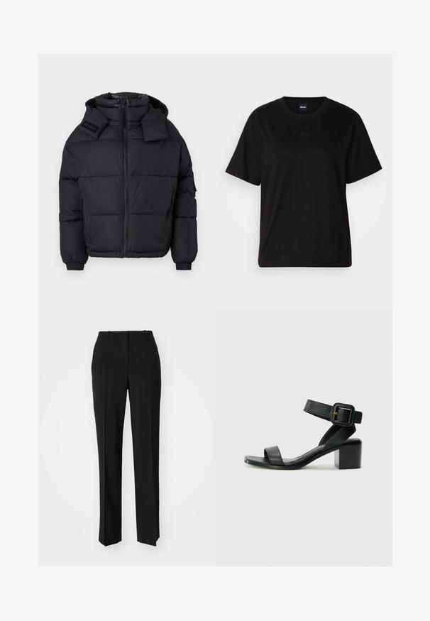 Juodas pūkinis švarkas su aukštu apykakle ir nuimamu gaubtu, pasižymintis užtrauktuku priekyje, elastingais rankogaliais ir įspaustu logotipu ant peties.; Juodas medvilninis marškinėliai su apvalia iškirpte, trumpomis rankovėmis ir siuvinėjimu ant krūtinės. Paprastas, laisvas siluetas be raštų.; Juodi pritaikyti kelnių modeliai su tiesiomis kojomis, pasižyminčios lygiomis tekstūromis ir ryškiomis klostėmis priekyje. Nėra matomų detalių.; Juodas odinis su aukštu kulnu sandalų modelis su reguliuojamu kulkšnies dirželiu, atvirais pirštais ir kvadratiniu bloku kulnu. Lygus paviršius, minimalizmo stilius.